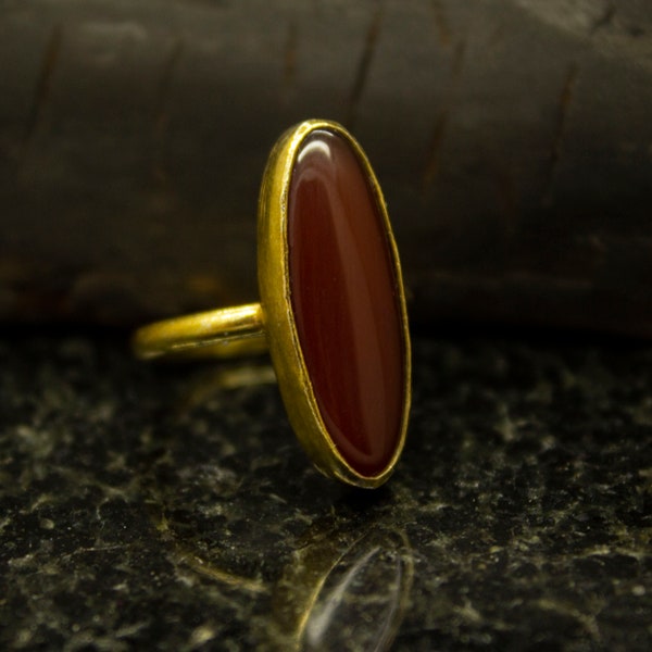 Gold Agate Ring, 24K Gold Plated 925 Sterling Silver, Navette Red Agate Jewelry, Gemstone Ring, Handmade Jewelry, Gift For Her by Sirona