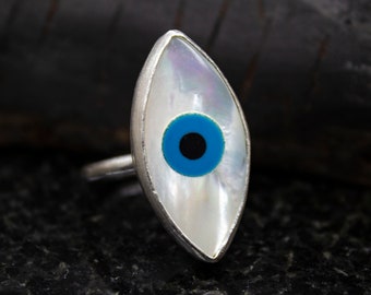 Mother of Pearl Ring, 24K Gold Plated 925 Sterling Silver, Ancient Greek Jewelry, Mother of Pearl, Greek Evil Eye, Dainty Gift by Sirona