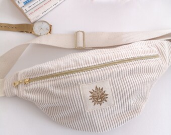 Sac banane en velours blanc imprimé soleil - Sac banane tendance avec étiquette imprimée à la main