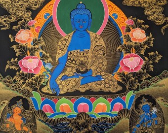 Handmade Medicine Buddha Thangka | Lapis Lazuli Healing Art (67x54cm)
