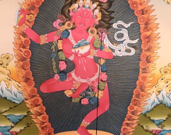 Tibetan Thangka – Vajravarahi (Dorje Phagmo), Dakini of wisdom – Hand painted masterpiece - Silk brocade