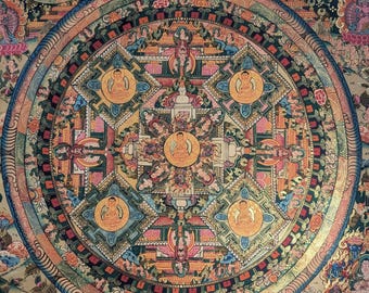 Tibetan Thangka – Shakyamuni Buddha Life Mandala – Hand-painted with Gold & Lapis Lazuli – 65x50 cm
