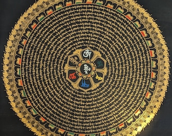 Handmade Om Mani Padme Hum Thangka Mandala Painting with Gold