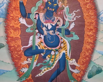 Tibetan Thangka of Troma Nagmo (Krodhakali), Dakini of Chod - Hand painted masterpiece - Silk brocade