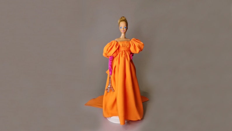 Orange Gown with Hot Pink Gloves inspired by Sarah Jessica Parker, for Standard Barbie Doll 1/6 image 1