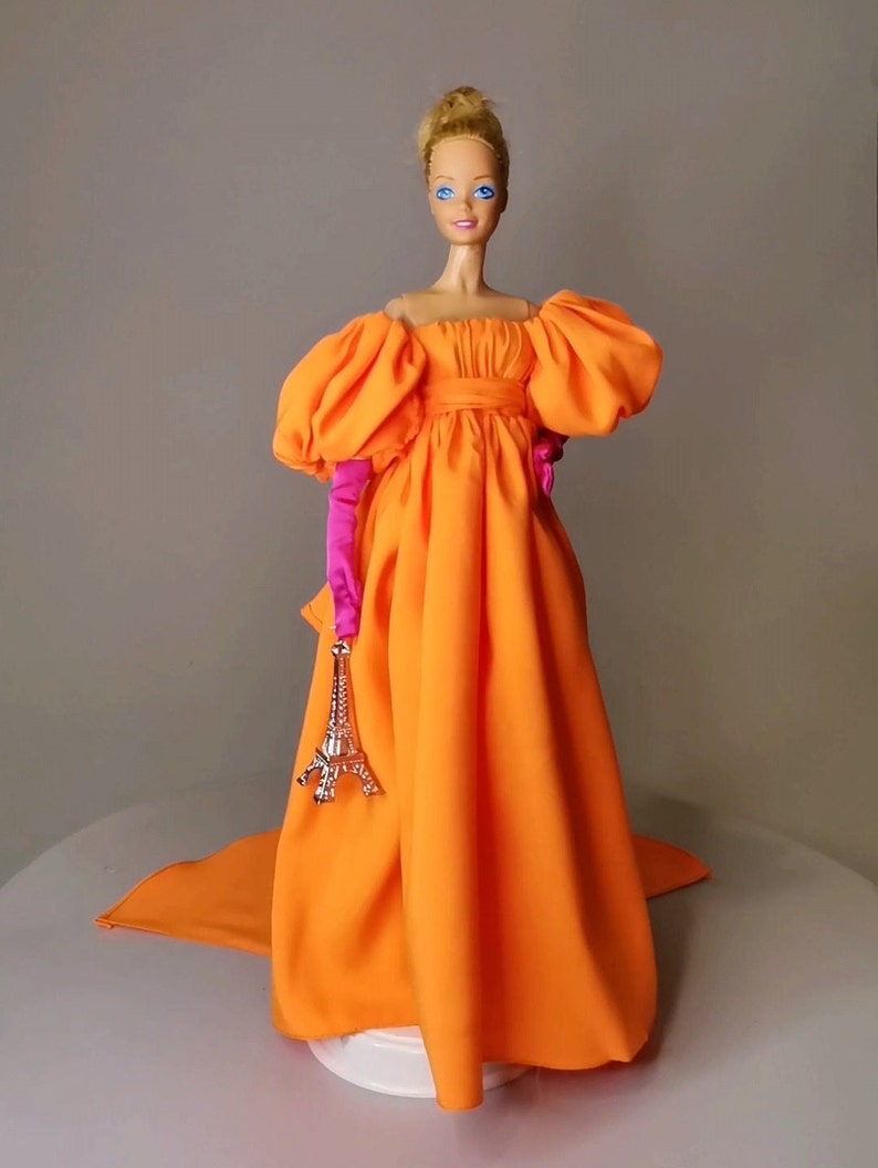 Orange Gown with Hot Pink Gloves inspired by Sarah Jessica Parker, for Standard Barbie Doll 1/6 image 3