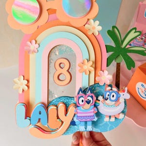 Topper per torta a forma di cane blu e arancione, topper per torta estiva, topper per torta a forma di cane blu