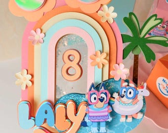 Decoración de cumpleaños de verano con Bluey y Bingo para pastel