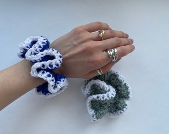 Handmade crochet 2 pieces scrunchies with border (blue&asphalt), Present, Crochet Hair Accessory