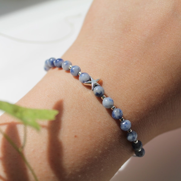 QiSpirit® Sterling Silver Starfish Sodalite Bracelet-filigree Macrame Silk Cord -Healing Stone-Yoga-Friendship Unisex Men Women