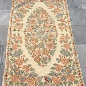 3x5 Aubusson Rug, Vintage Area Rug, French Style Handmade Floral Rug Chain Stitch Rug Needle Point Rug, Home Decor Rug 145 x 83 cm FREE SHIP