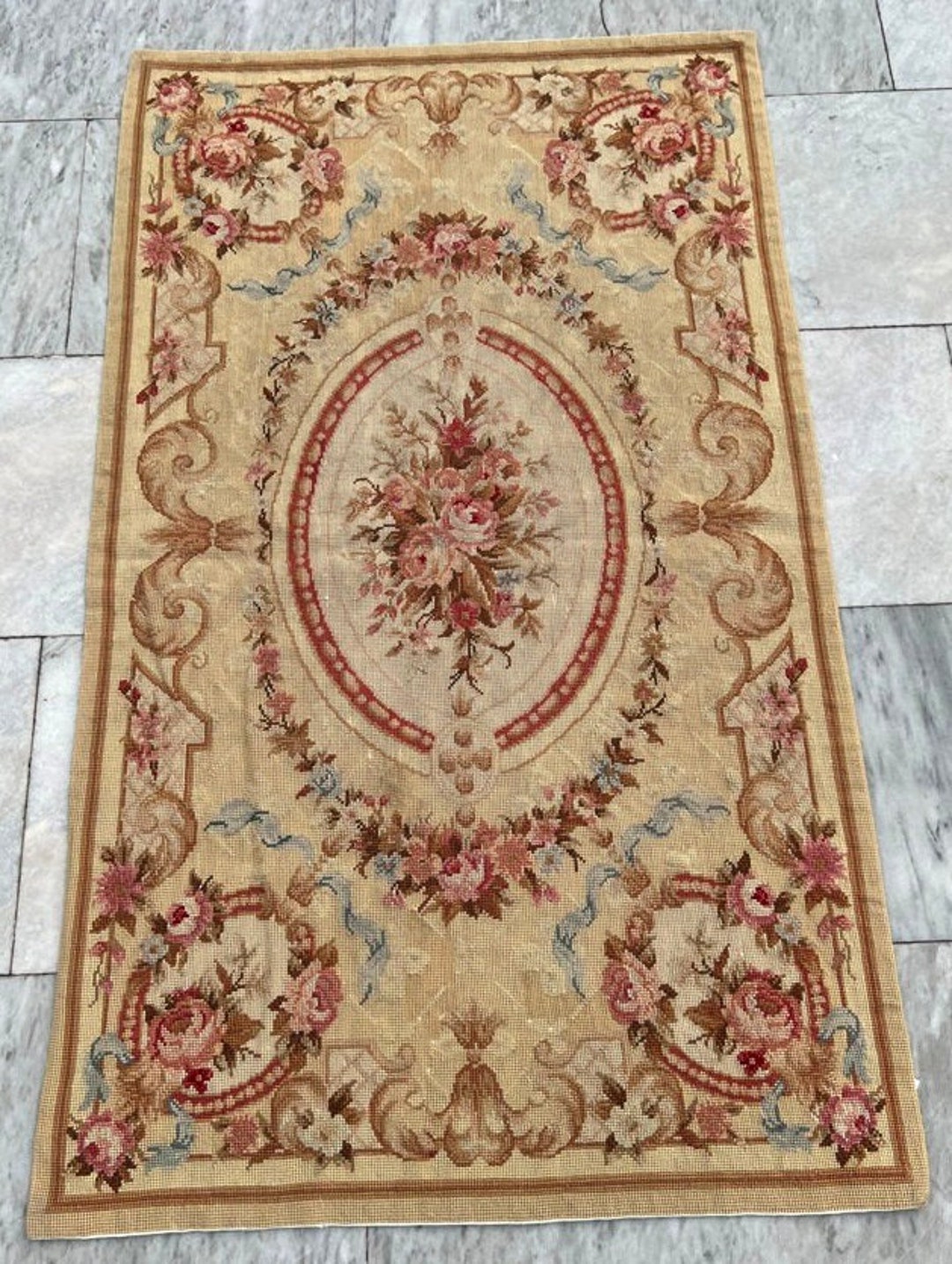 2x4 Vintage Aubusson Area Rug French Style Handmade Kilim Etsy