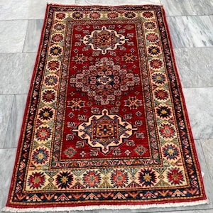 3x4 High Quality Afghan Handmade Caucasian Kazak Rug, Floor Rug, Living Room Rug, Hand Knotted Rug, Turkish Rug, 126 x 78 cm