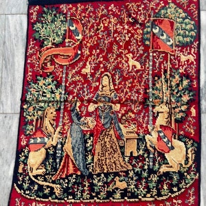 2x2 French Tapestry, Vintage Lady with Unicorn Tapestry, Stunning Tapestry, Home Decor Tapestry/Wall Hanging, 64 x 50 cm FREE SHIPPING