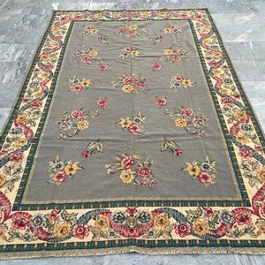 5x8 Aubusson Rug, Vintage Area Rug, French Style Handmade Kilim Rug, Chain Stitch Rug Needle Point Rug Home Decor Rug 258 x 163 cm FREE SHIP