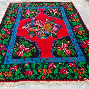 8x12 Bessarabian Kilim, Vintage Rose Kilim, Large Rug, Romanian Rug, Home Decor Rug, Floral Kilim, Hand Woven Kilim Rug 350 x 245 cm