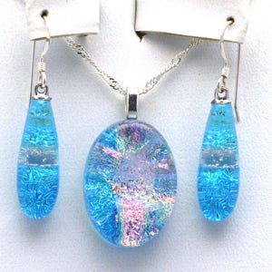Dichroic fused Glass Pendant and Earring Set. Handmade on Maui Hawaii