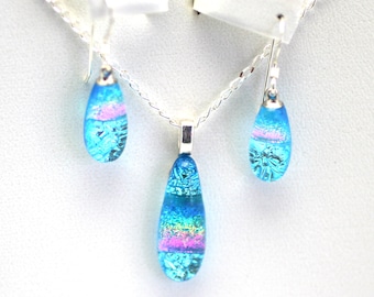 Dichroic Fused Glass Pendant and Earring Set.  Handmade on Maui Hawaii.