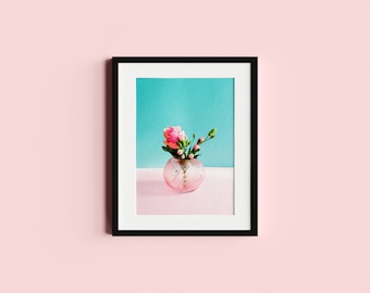 Affiche - Rose und Nelken in Vase | Fotodruck | Fotografie | Artprint | Kunstdruck | Rosa Blumenbild | Pastellfarben ( Pastellfarben )