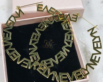 Custom Name Hoop Earrings, 18K Gold Plated Script Statement Jewelry