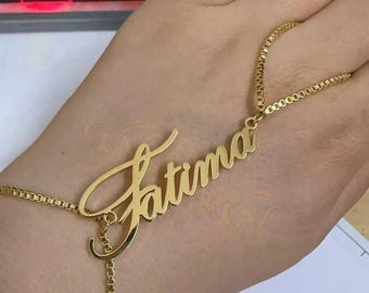 名入れ可能なハンドチェーンブレスレット • カスタムネーム入りフィンガーリングブレスレット • 18Kゴールドメッキジュエリー