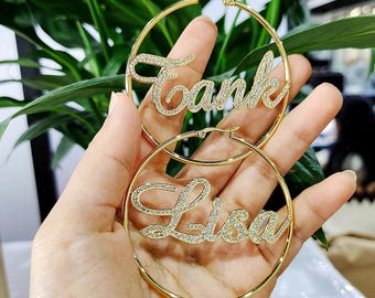 Custom Bling Name Hoop Earrings: Personalized 925 Silver, Gold Plated
