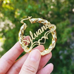 Custom Hoop Earrings, Name Twist Hoop Earrings, Name Earrings, Bamboo Earrings, Personalized Name Earrings, Large Nameplate Hoops Gift