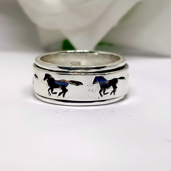 Horse Spinner Band Ring Designer Sterling Silver Ring, Meditation Ring, Anxiety Thumb Ring, Worry Horse Ring, Fidget Ring, Horse Lover Gifts