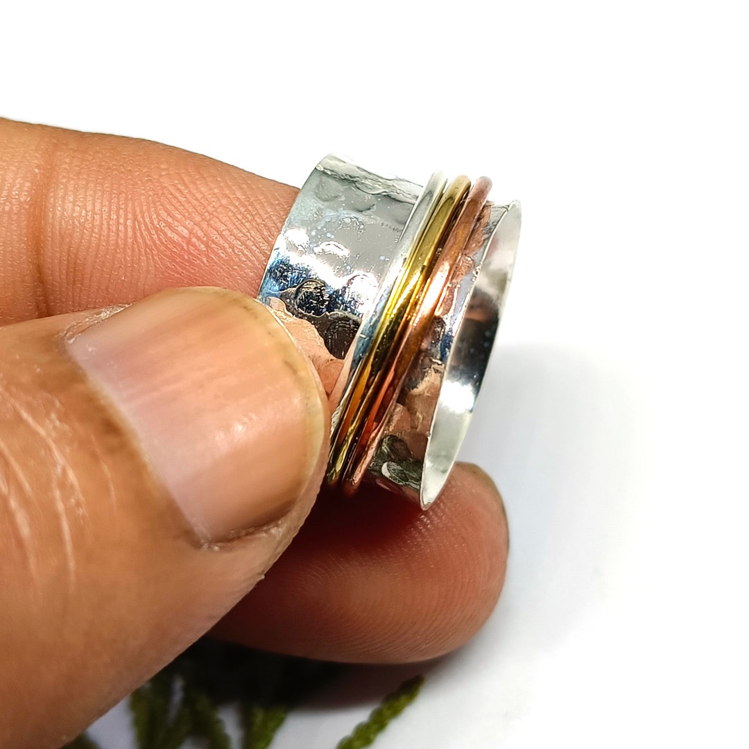 Hammered Sterling Silver Spinner Ring - Three Tone Meditation Band - Etsy