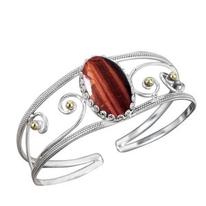 Red Tiger&#39;s Eye Modern Style Bracelet, 925 Sterling Silver Adjustable Cuff Bangle, Gemstone Handmade Jewelry for Women, Minimalist Bangle