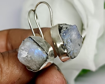 Raw Rainbow Moonstone Dangle Earrings, 925 Sterling Silver