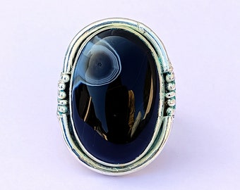 Handmade Sterling Silver Black Banded Agate Ring, Statement Ring