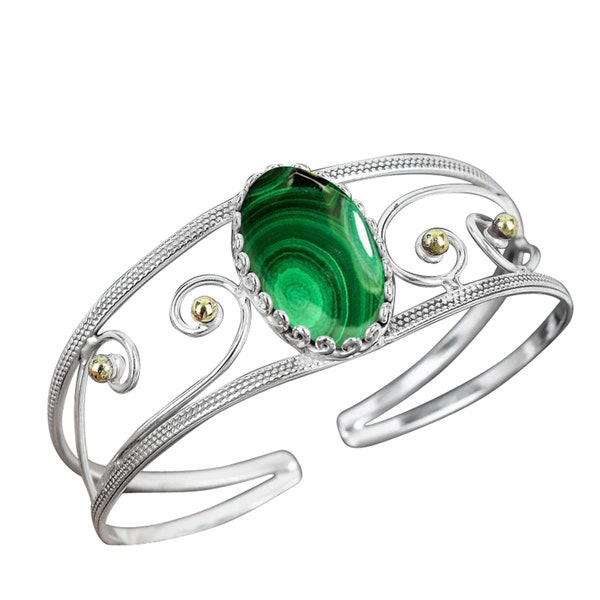 Green Malachite Cuff Bangle/Bracelet-925 Sterling Silver Open Bangle-Stylish Adjustable Bangle-Handmade Gift Jewelry- Gemstone Cuff Bangle