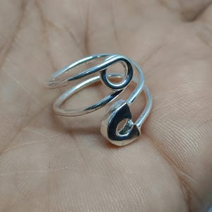 Handgemaakte sterlingzilveren veiligheidsspeldring, verstelbare massief zilveren ring, veiligheidsspeld sieraden, wrap designer ring, bypass sierlijke ring voor cadeau