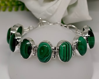 Oval Malachite Gemstone Bracelet: Sterling Silver Toggle, Adjustable