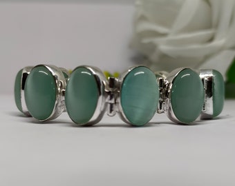Sterlingzilveren Cat's Eye-edelsteen verstelbare armband, handgemaakte ovale steen