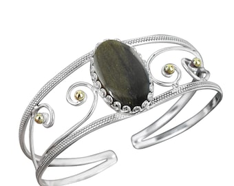 Handmade Black Obsidian Sterling Silver Cuff Bangle, Oval Gemstone