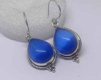 Blue Cat Eye 925 Sterling Silver Earrings, Pear Drop Boho Style