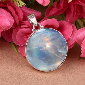 NATURAL Rainbow Moonstone Pendant- Round shape- Rainbow moonstone HANDMADE Jewelry- Gift for her- Gemstone Pendant- Free Shipping