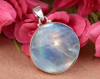 Round Rainbow Moonstone Pendant - Handmade 925 Sterling Silver