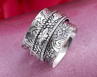 Handmade Sterling Silver Floral Anxiety Spinner Ring, Boho Fidget Ring