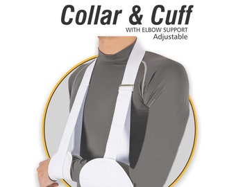 Pode incluir: Suporte de braço branco ajustável com colar e punho, com suporte de cotovelo. O suporte é feito de tecido branco e tem uma alça que passa por cima do ombro. O texto "Collar & Cuff" e "With Elbow Support Adjustable" está impresso na imagem. O texto "London Joints Care" está impresso em um retângulo azul na parte inferior da imagem.