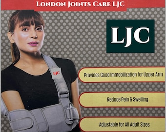 Pode incluir: Um imobilizador de ombro cinza com correias ajustáveis e um suporte de braço acolchoado. O produto é etiquetado como "POLYSLING SHOULDER IMMOBILIZER" e "LONDON JOINTS CARE LJC".