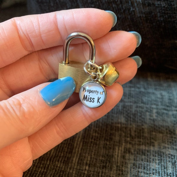 BDSM Personalised Property of Lock for Sub Chastity Belt Cock Cage Cuckold Domed Pendant + Bell Domme Female Supremacy Cuckold DDLG Mature