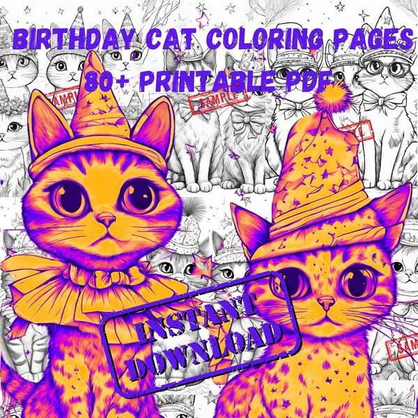 Birthday Cat Coloring Pages, 80+ Printable PDF Pictures of Cute Cats Wearing Hats, Gift for cat lover friend, Cat Theme, Birthday Present