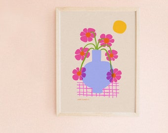 Sunday Flowers Pt.1 - Flower art print, floral illustration, flower vase, colorful art, flower wall art, pink flower print, pink art