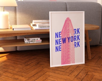 NY Print - New York Flat Iron Building art, Pink and Blue Wall Art, travel art, nyc art, Poster Art New York City, colorful art, ny art.