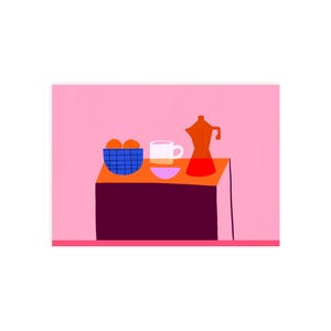 May include: A still life illustration of a table setting with a blue and white checked bowl of oranges, a white cup, a red and orange coffee pot, and a pink saucer on a brown table with a pink background.