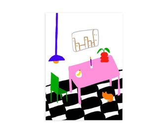 ブルックリンアパートメントプリント - ミニマルアートプリント、スカンジナビアアート、キュートなアートプリント、遊び心のあるアートプリント、シンプルなウォールアート、チェックプリントアート、ホームアート