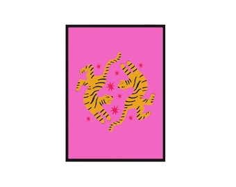 Year of the Tiger Print - Tiger Art, Tiger illustration, Minimal art, Pink and Yellow art, Animal art, Jungle art, Colorful art.